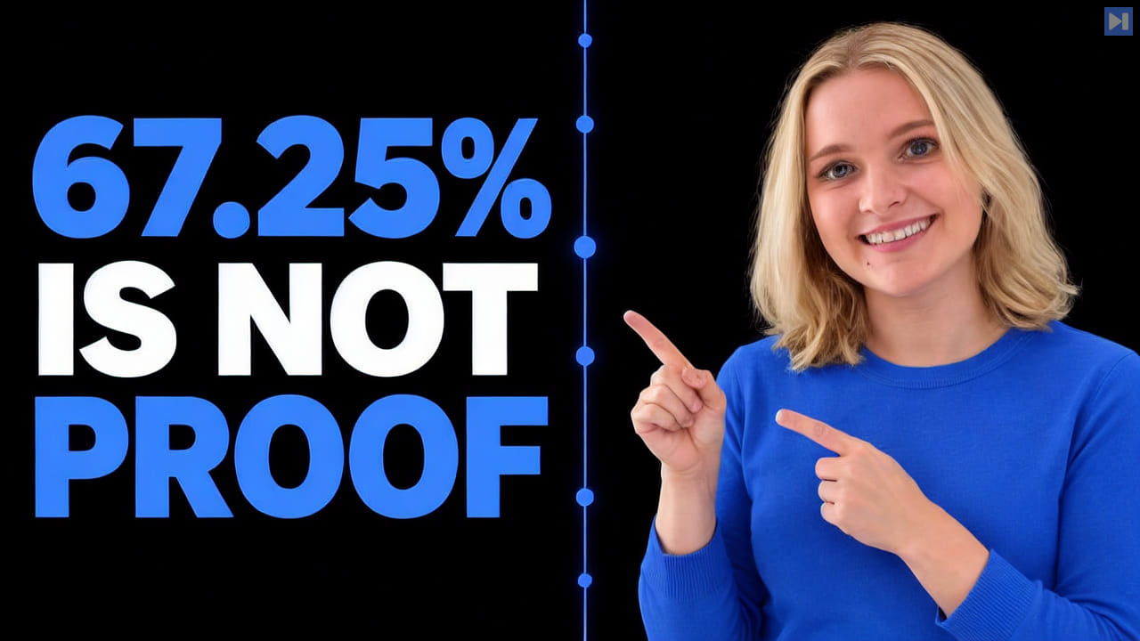 Ellie Sleightholm points beside the blue-and-white headline '67.25% IS NOT PROOF' and a thin blue vertical line with dots on black.