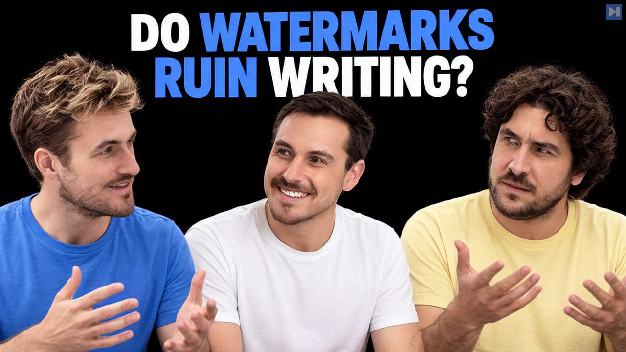 Pierce Freeman, Richard Diehl Martinez, John Gruber against black with the blue and white headline "DO WATERMARKS RUIN WRITING?".