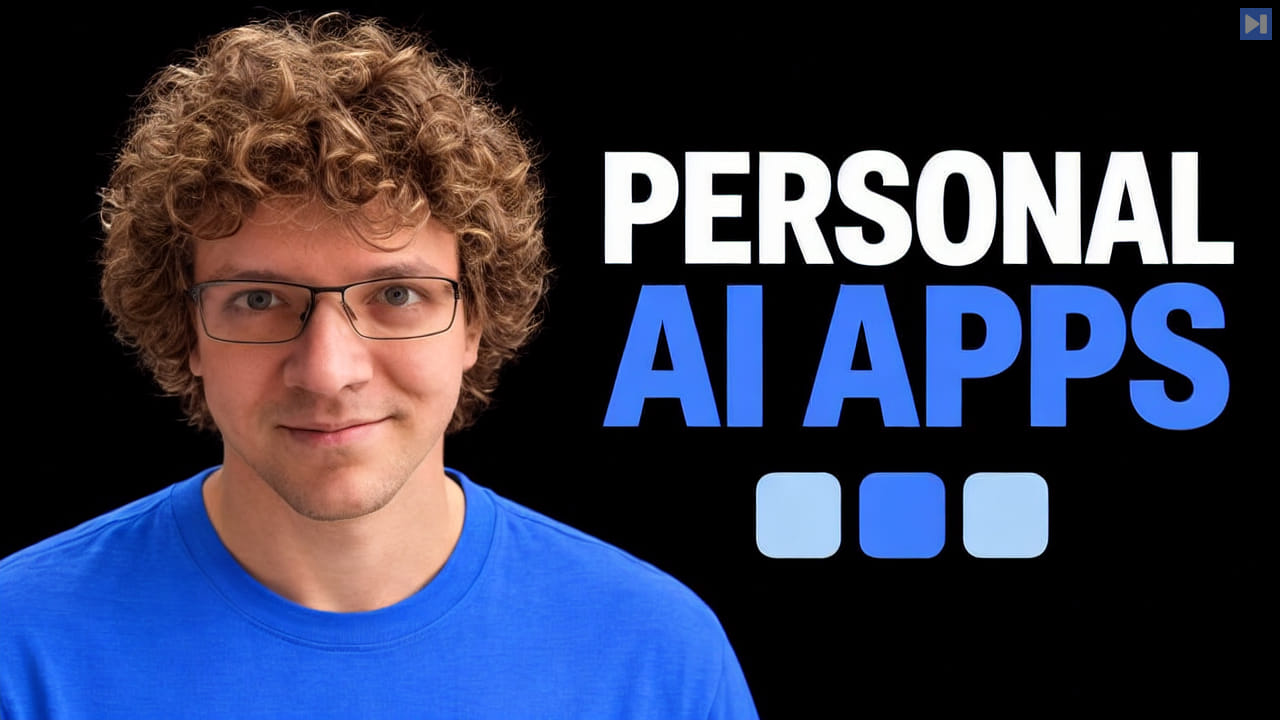 Kenton Varda in a blue top beside PERSONAL AI APPS and three small blue app squares on black.