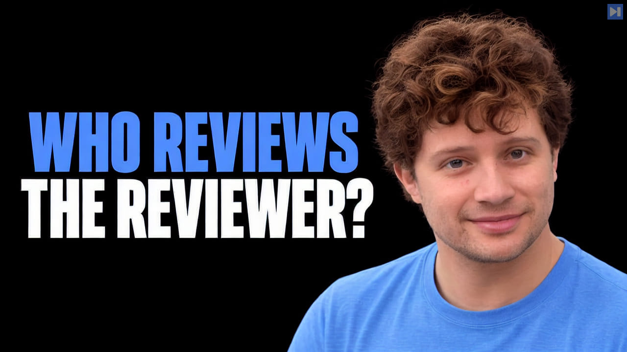Laurie Voss against a black background beside the blue and white headline “WHO REVIEWS / THE REVIEWER?”.