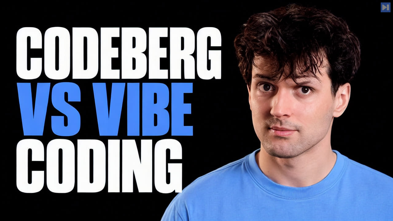 Theo Browne in a plain blue T-shirt beside the headline Codeberg vs Vibe Coding on a pure black background.