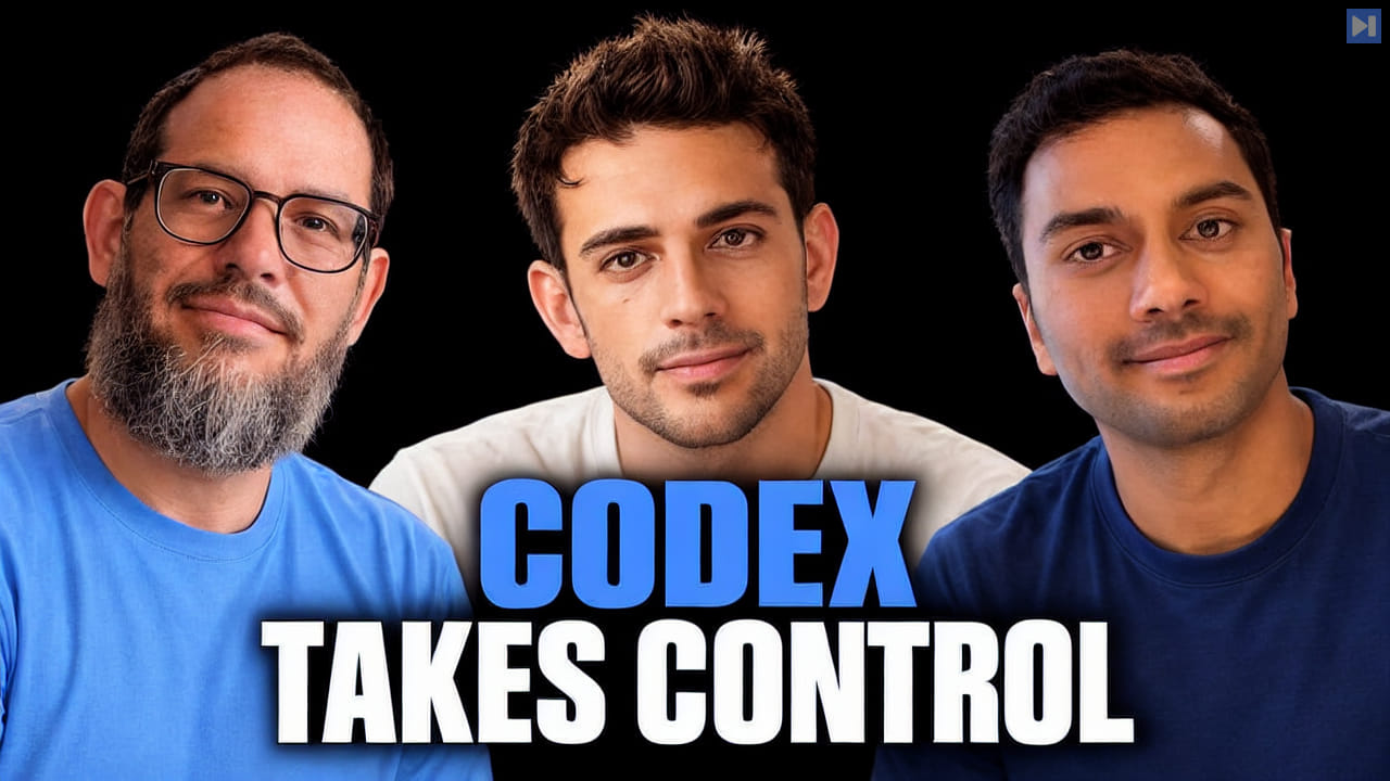 Nate B Jones and Andrew Ambrosino and Akshay Nathan beside the headline CODEX TAKES CONTROL on a black background.