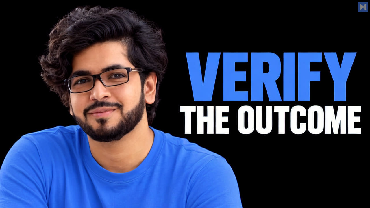 Talha Sheikh in a blue top and rectangular glasses beside the blue and white headline "VERIFY THE OUTCOME" on black.