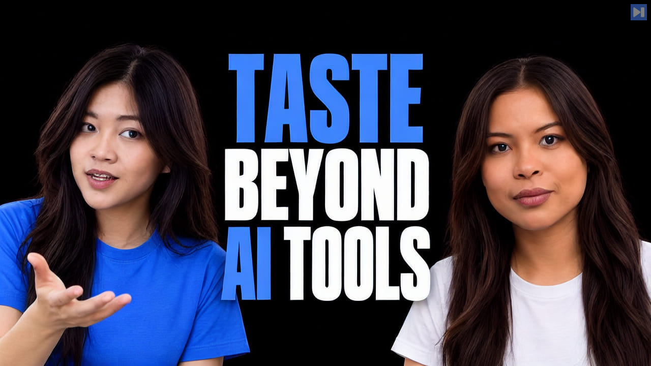 Cole Lee in blue with an open palm and Sophia Dew in white beside the blue and white headline 'TASTE BEYOND AI TOOLS' on black.
