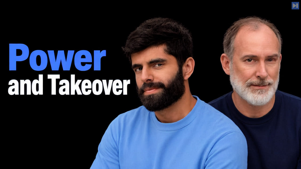 Dwarkesh Patel in a blue T-shirt and Si Sheppard in a navy T-shirt on black beside the blue and white headline “Power and Takeover”.