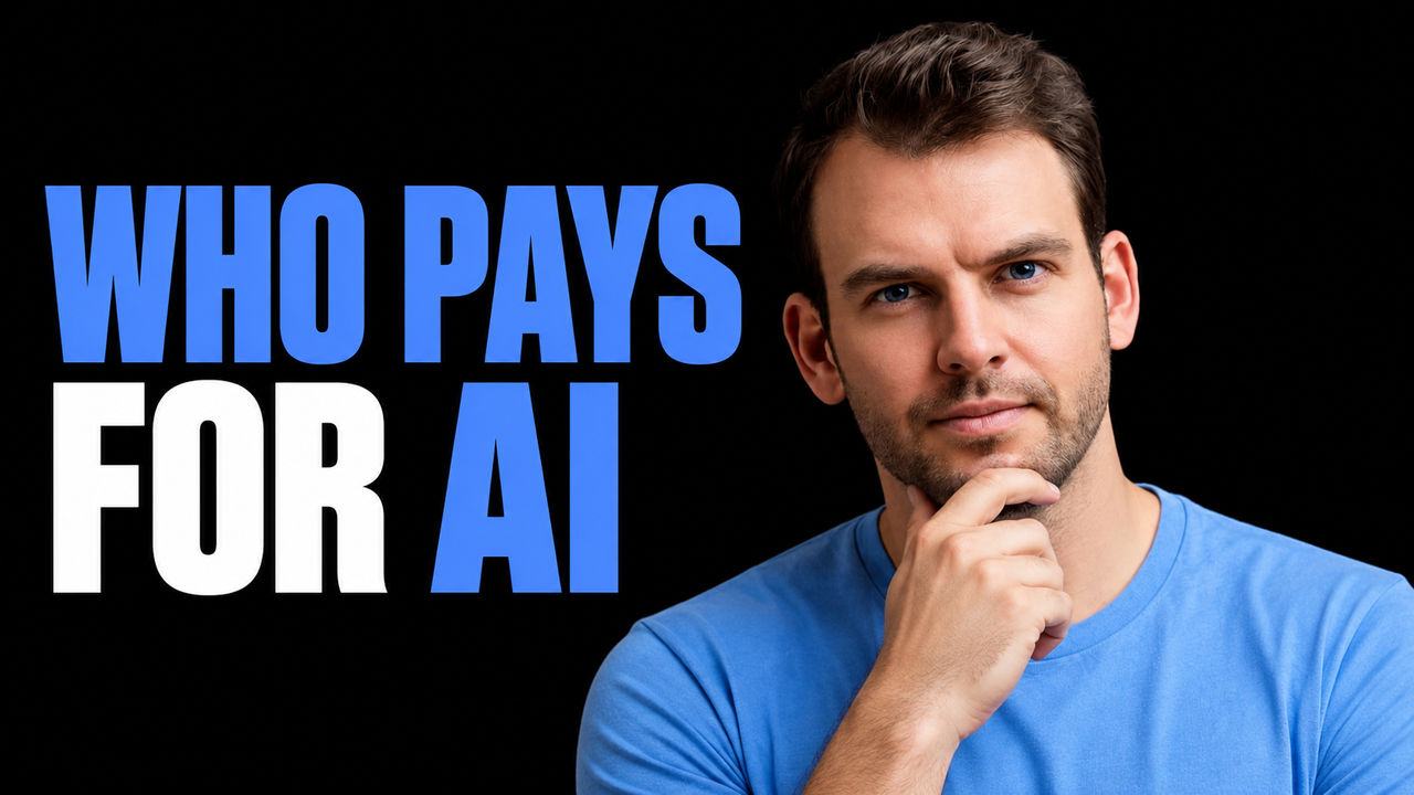 Nathaniel Whittemore beside the blue and white headline WHO PAYS FOR AI on a black background.