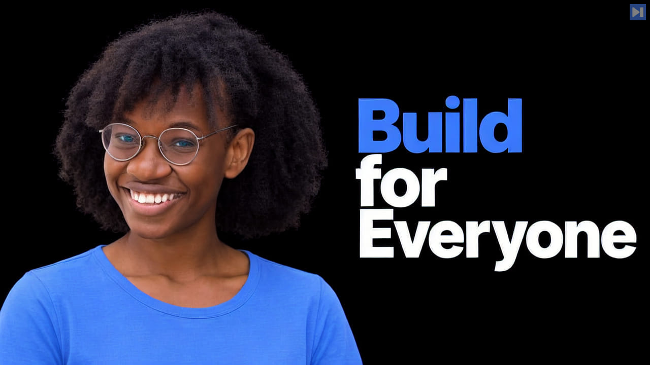 Jemima Abu wearing round glasses and a light-blue top on the left beside the blue and white Build for Everyone headline on black.