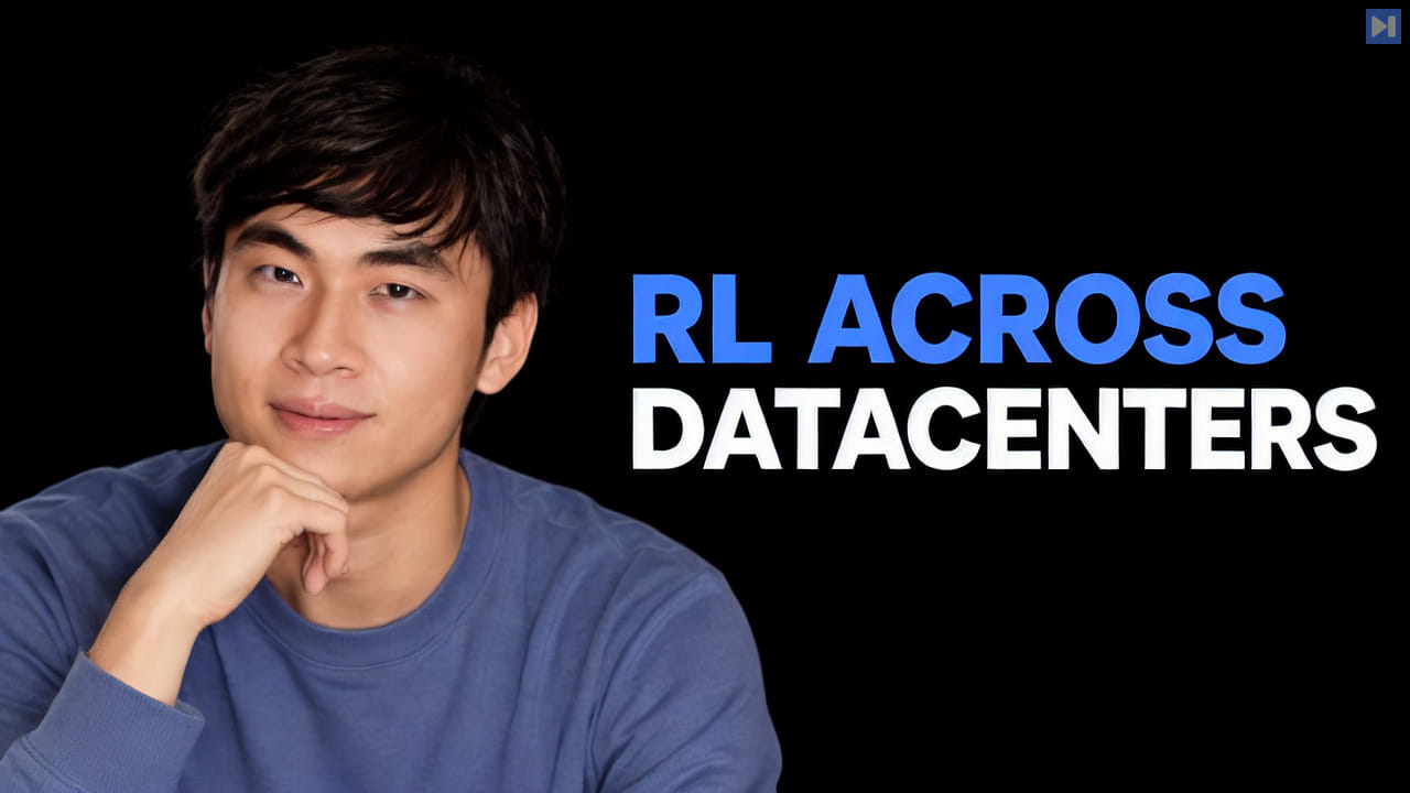 Nan Jiang beside the headline RL Across Datacenters on a pure black background.