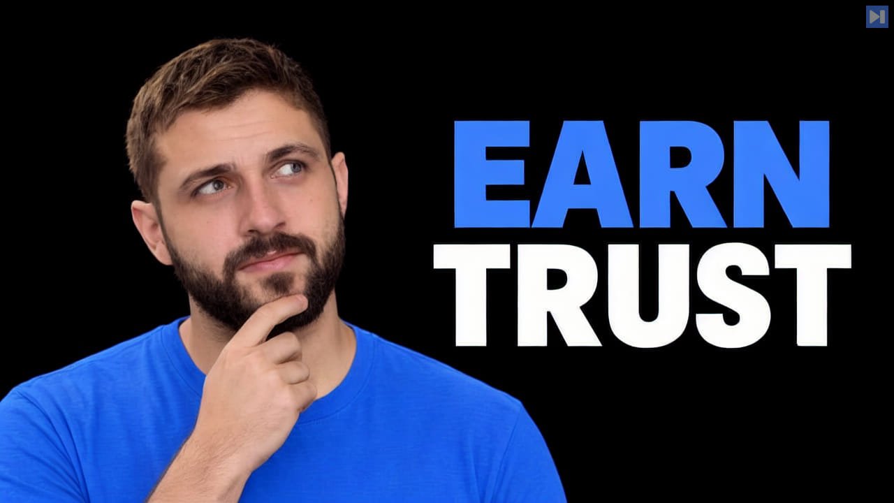Felipe Blanes in blue rests his hand at his chin beside the blue and white "EARN TRUST" headline.