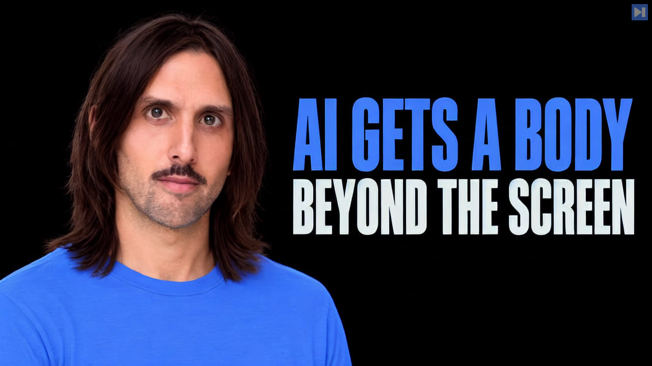 Cyrus Clarke in a blue top beside blue “AI GETS A BODY” and white “BEYOND THE SCREEN” on black.