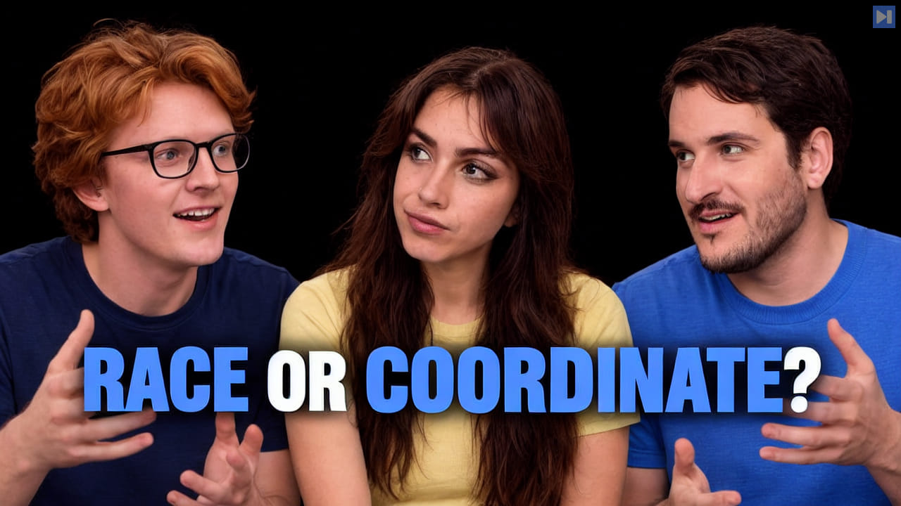 Theo Jaffee, Sofia Puccini, Dan Robinson against a black background with the headline RACE OR COORDINATE? in blue and white.