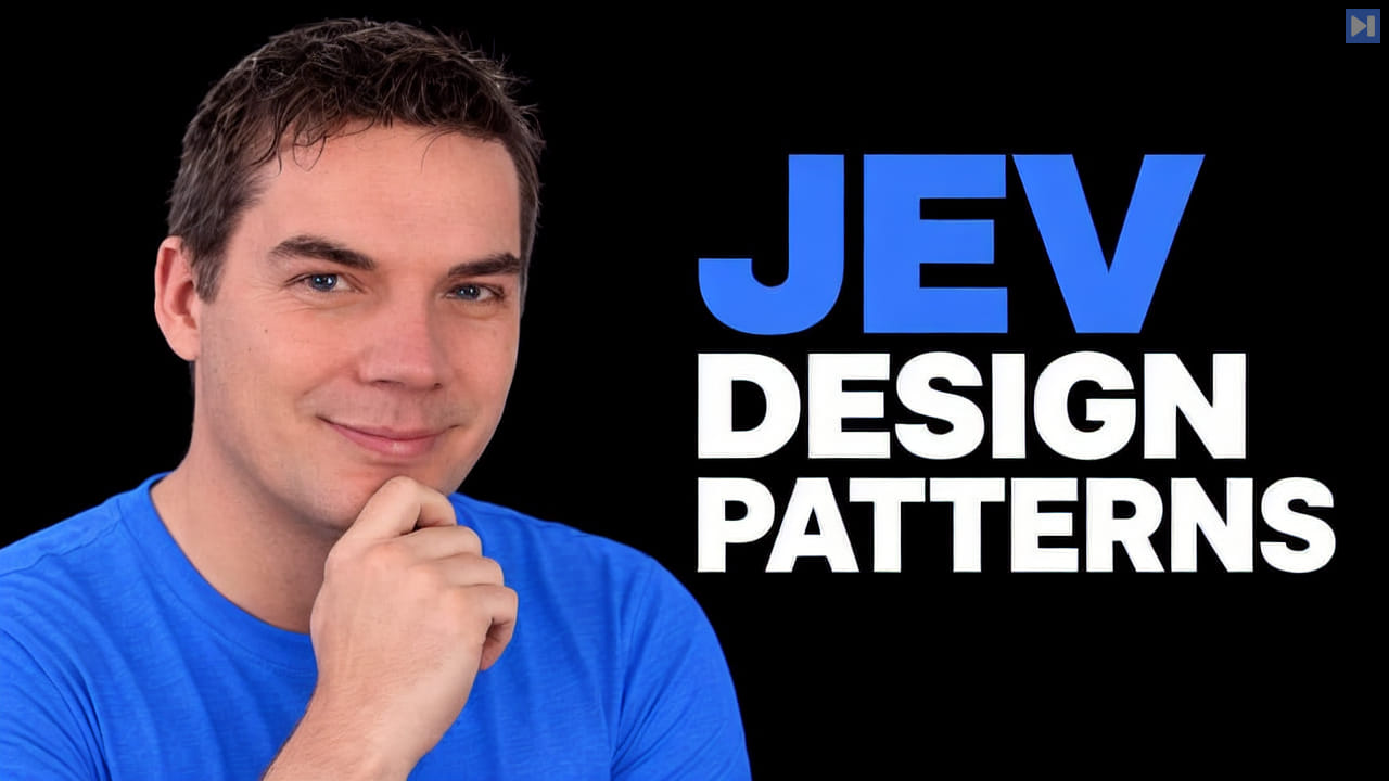 Daniel Walsh in a blue top beside the blue and white headline JEV DESIGN PATTERNS on black.