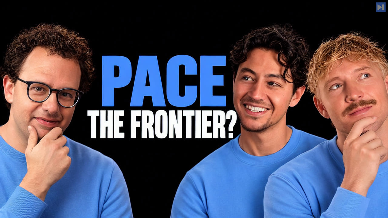 Dario Amodei, Nick Saraev and Jack Roberts beside the headline Pace the Frontier? on a black background.