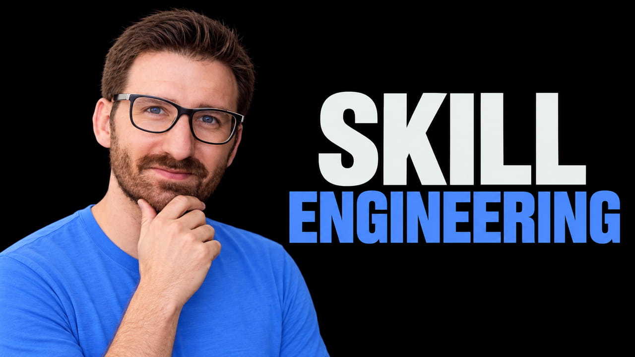 Paul Bakaus rests a hand at his chin beside the off-white and blue SKILL ENGINEERING headline on black.