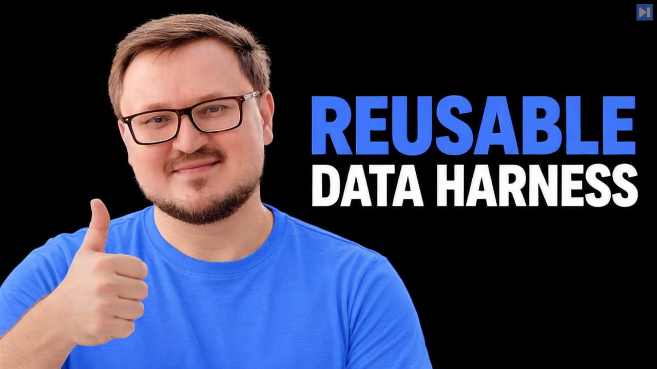Portrait of Dmitry Petrov beside the blue-and-white headline "REUSABLE DATA HARNESS" on a black background.