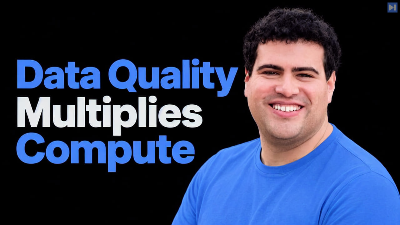 Ari Morcos smiling in a blue shirt beside “Data Quality Multiplies Compute” in blue and off-white on black.