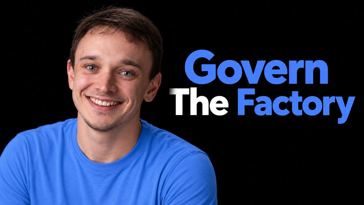 Davis Palmie beside the blue and white headline Govern The Factory on black.