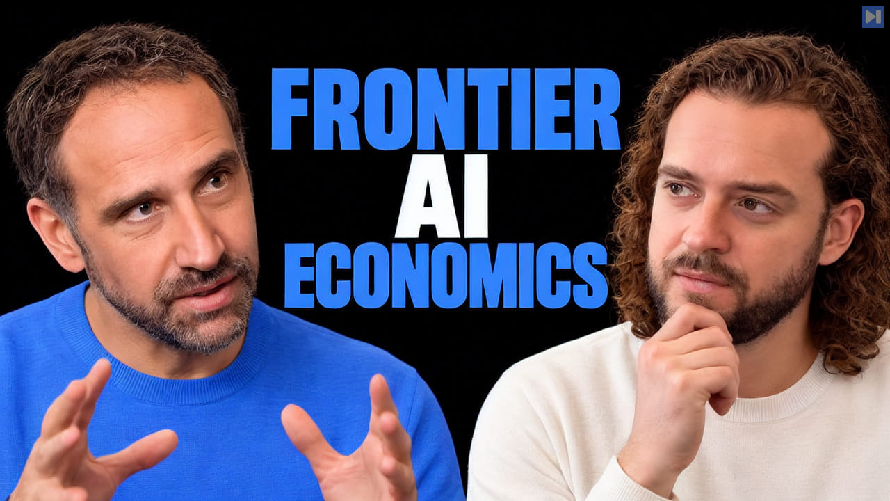 Dean Baker in blue gestures beside Isaac Pound in off-white touching his chin, with the blue-and-white headline “FRONTIER AI ECONOMICS” on black.