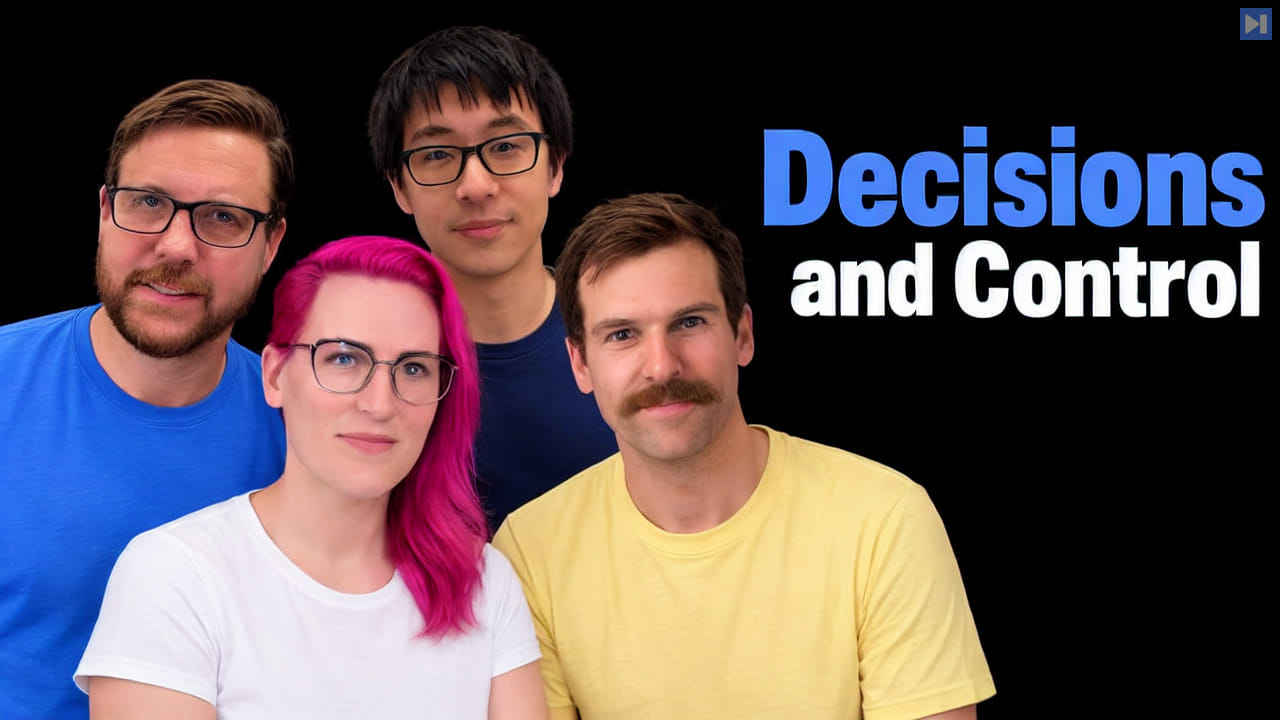 Hannes Rudolph, Allie Laabs, Kevin Lin and Josh Lehman in blue, white, navy and yellow T-shirts on black beside the blue and white headline “Decisions and Control”.