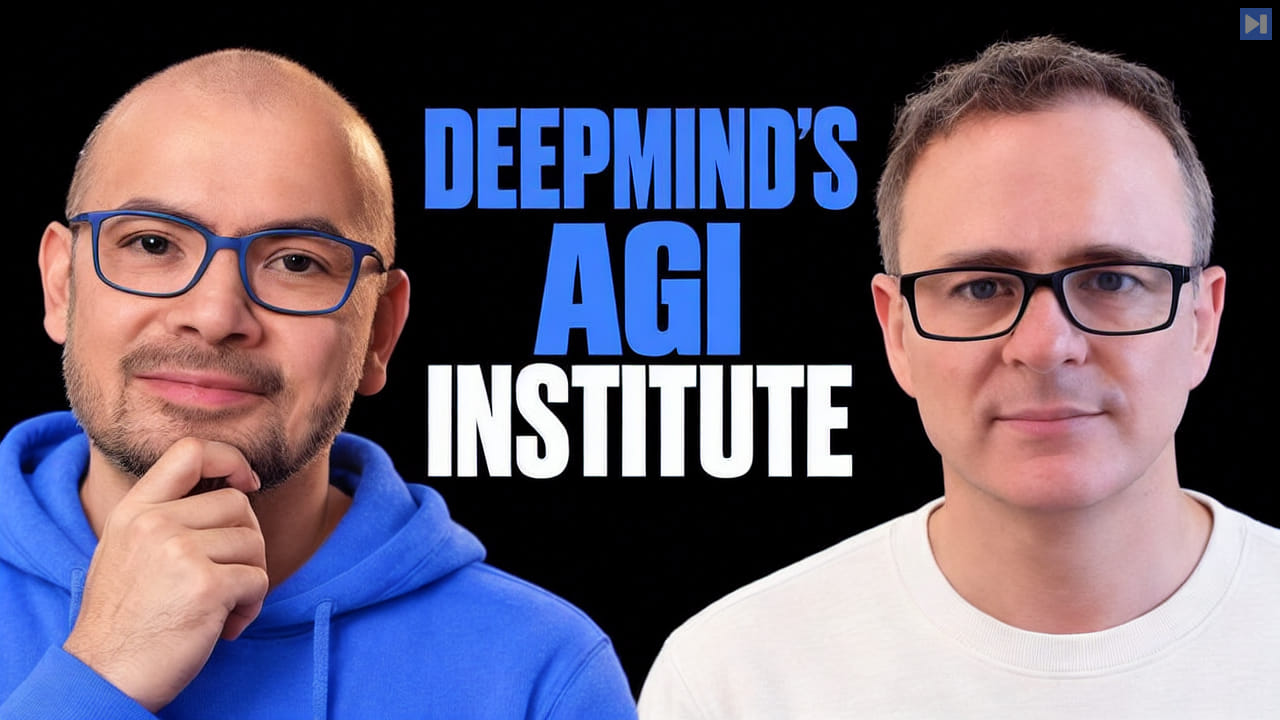 Demis Hassabis in blue rectangular glasses and a light blue hoodie, hand on chin, and Shane Legg in black glasses and an off-white top flank the blue and white headline DEEPMIND'S AGI INSTITUTE on black.