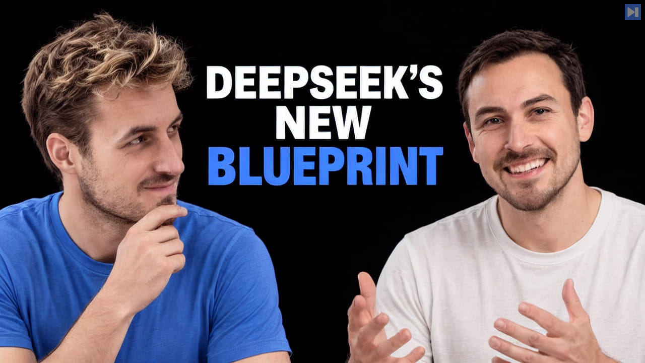 Pierce Freeman and Richard Diehl Martinez in blue and white tops against black, one touching his chin, alongside the blue and white headline "DEEPSEEK'S NEW BLUEPRINT".