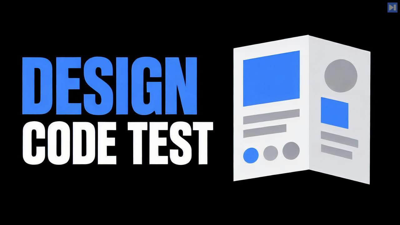 Blue DESIGN and white CODE TEST headline beside a flat folded white design sheet with blue and grey blocks on black.