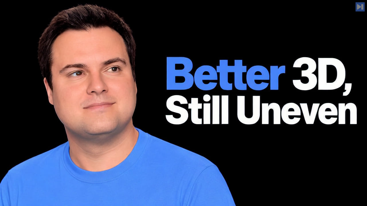 Bijan Bowen against black beside the headline Better 3D, Still Uneven.