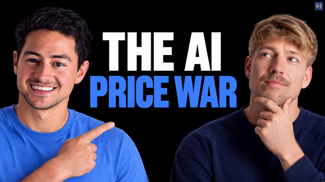 Nick Saraev points toward the white-and-blue headline “The AI Price War” while Jack Roberts looks on with one hand at his chin, against black.