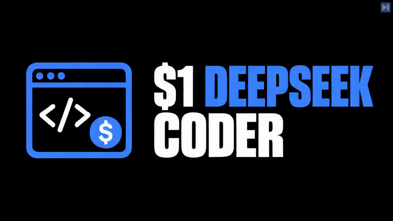 A flat attention-blue coding terminal beside the headline $1 DeepSeek Coder on a black background.