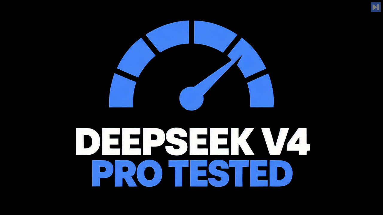 A flat attention-blue benchmark gauge beside the headline DeepSeek V4 Pro Tested on a black background.