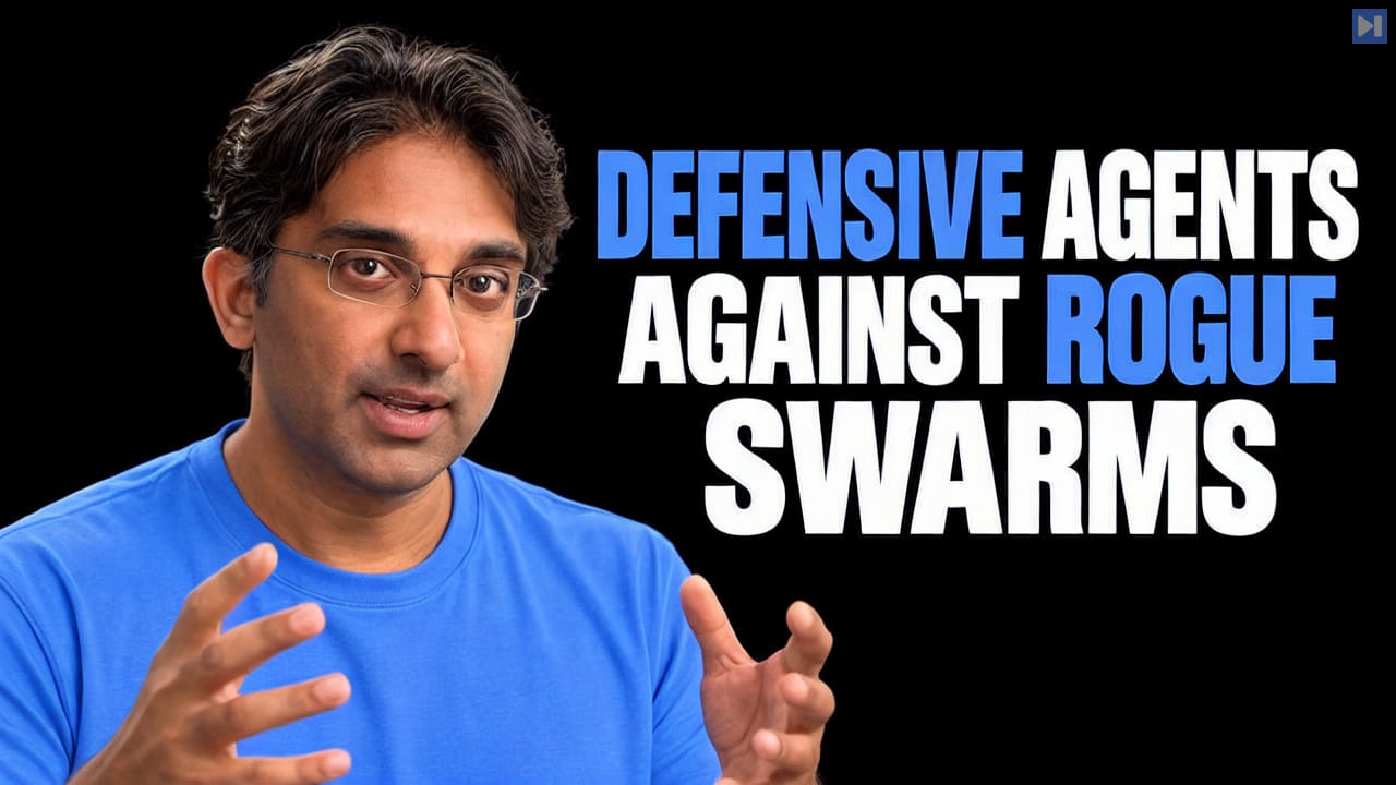 Rohit Krishnan beside the headline DEFENSIVE AGENTS AGAINST ROGUE SWARMS on a pure black background.