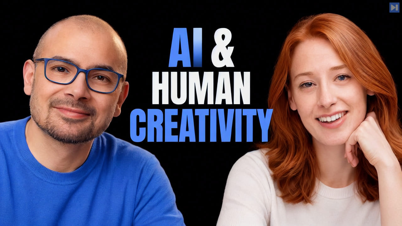 Demis Hassabis and Hannah Fry against black beside the blue and white headline “AI & HUMAN CREATIVITY”.