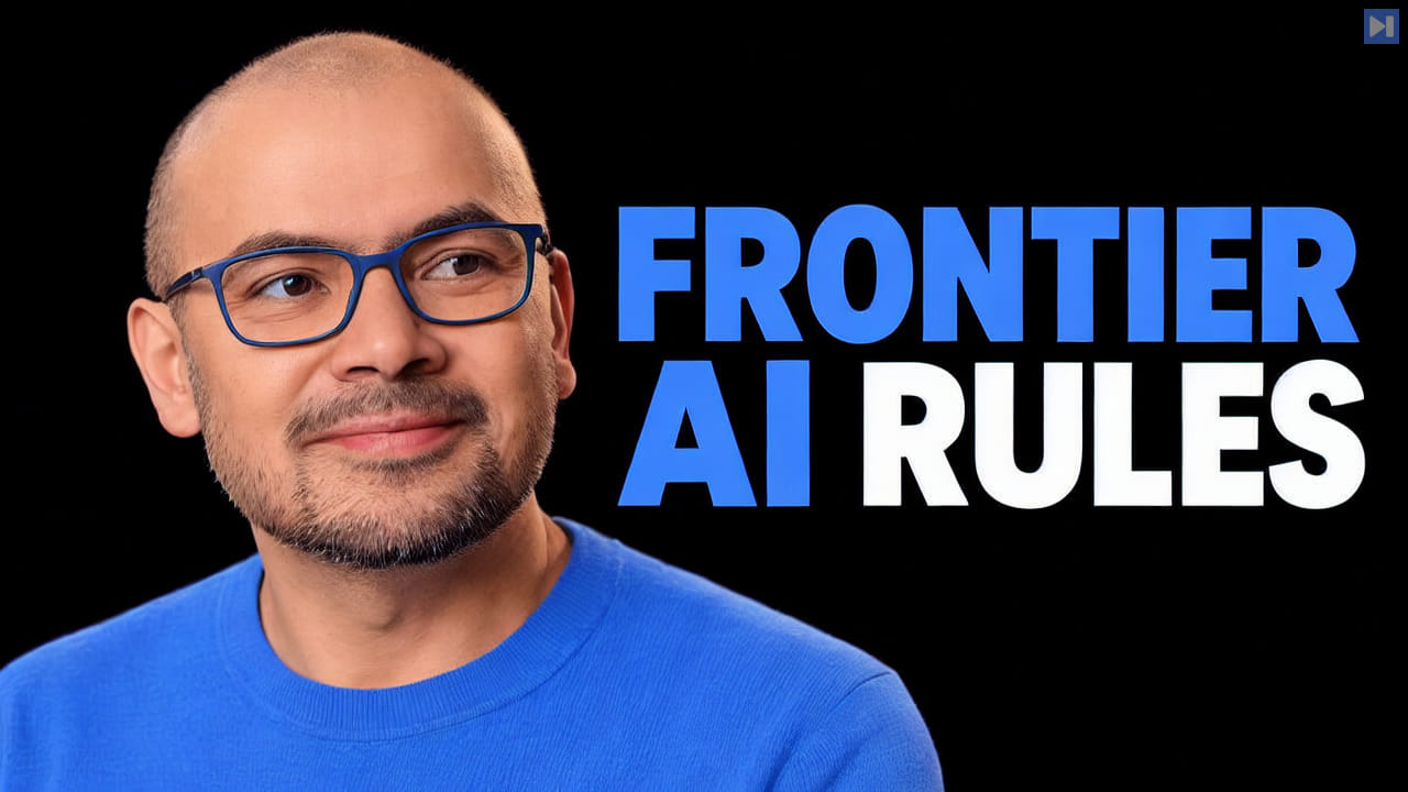 Demis Hassabis in a blue shirt against black beside the blue-and-white headline FRONTIER AI RULES.