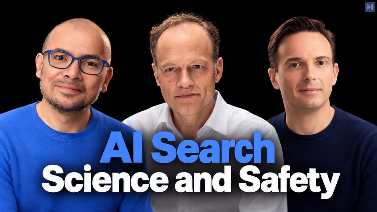 Demis Hassabis, Sebastian Mallaby, Tom Mackenzie beside the blue and white headline AI Search Science and Safety on a black background.