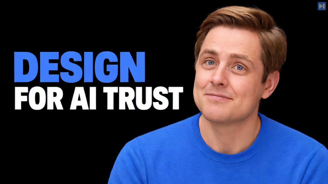 Alex Bauer in a blue shirt beside blue and white text reading “Design for AI trust” on black.