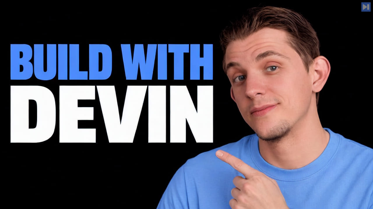Riley Brown against a black background with the blue and white headline “BUILD WITH DEVIN”.