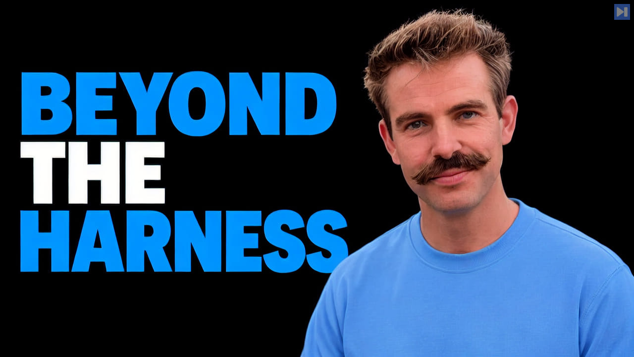 Dex Horthy beside Beyond the Harness in blue and white lettering on a black background.