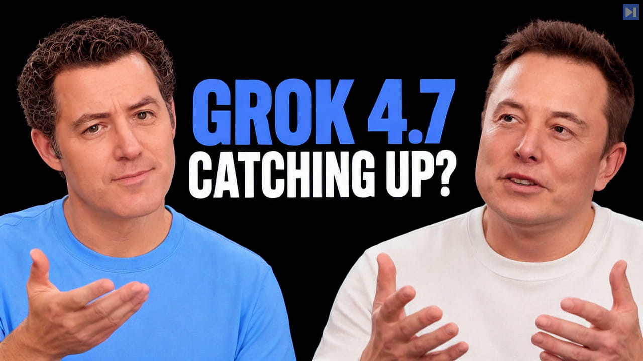 Matthew Berman and Elon Musk beside the blue-and-white headline “GROK 4.7 CATCHING UP?” on a black background.