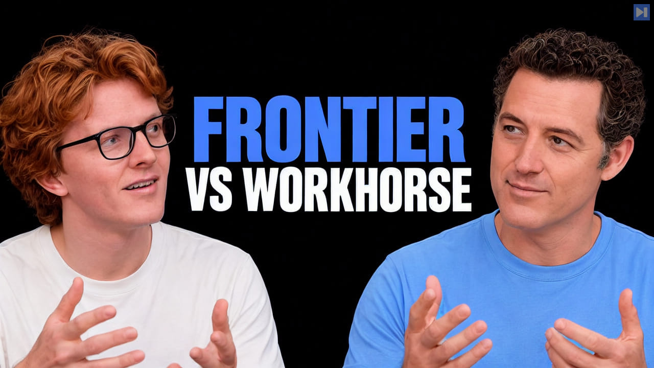 Theo Jaffee in an off-white top and Matthew Berman in blue gesturing beside the blue-and-white headline FRONTIER VS WORKHORSE on black.