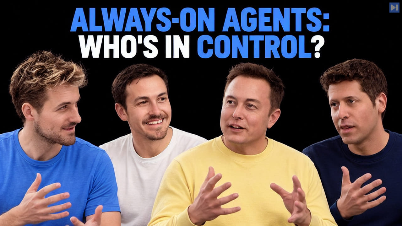 Pierce Freeman, Richard Diehl Martinez, Elon Musk, Sam Altman against black with the blue and white headline "ALWAYS-ON AGENTS: WHO'S IN CONTROL?".