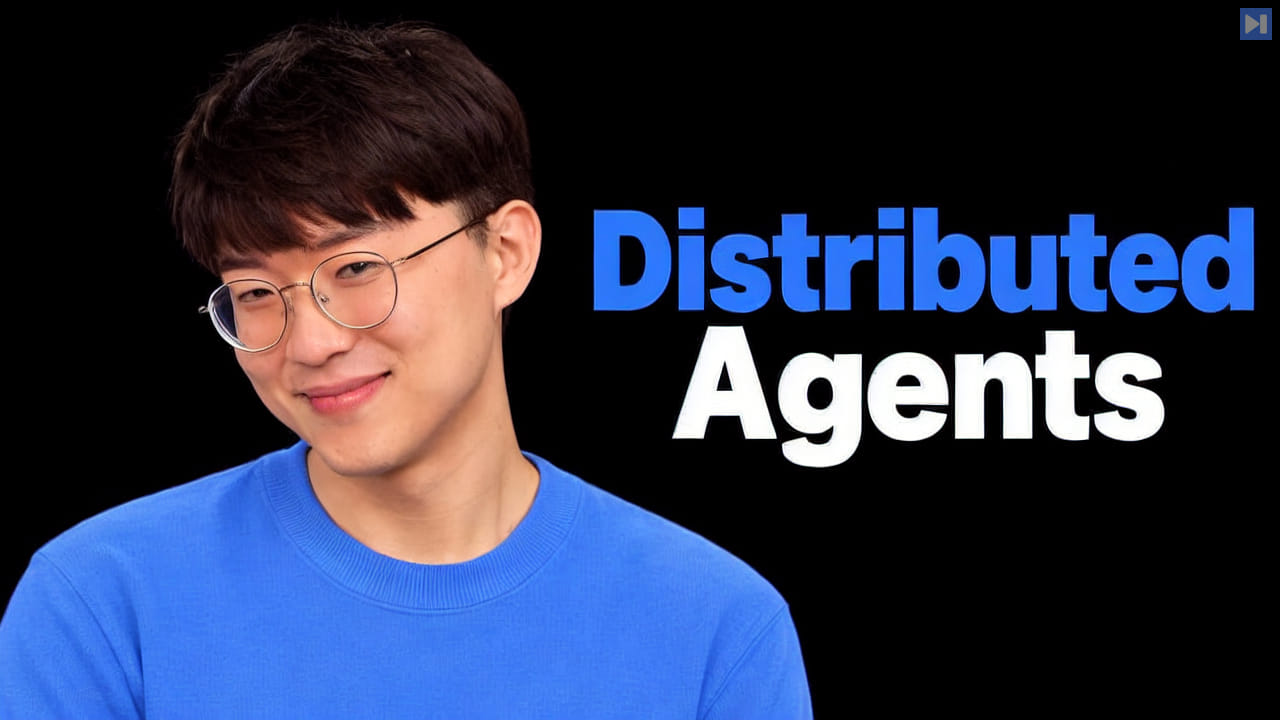 Kyle Jaejun Lee in a light-blue top on the left against black, beside the blue-and-white headline “Distributed Agents”.