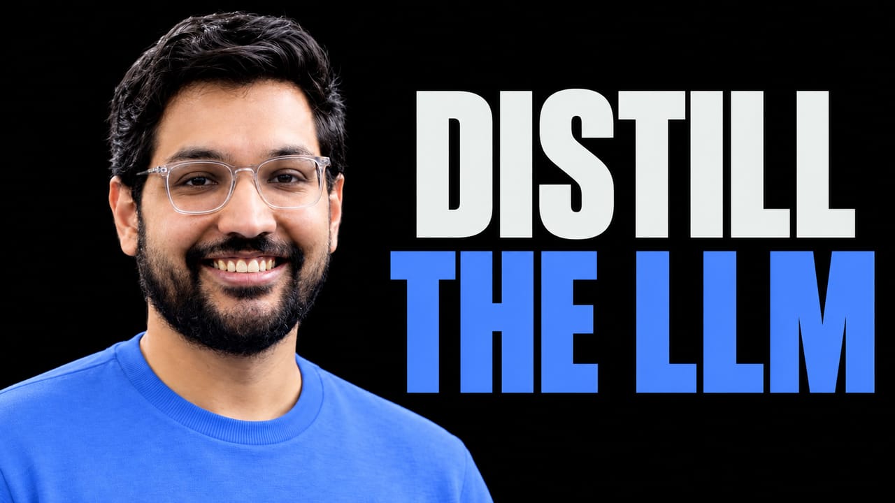 Raghav Saboo in a blue shirt beside the headline “DISTILL THE LLM” on a black background.