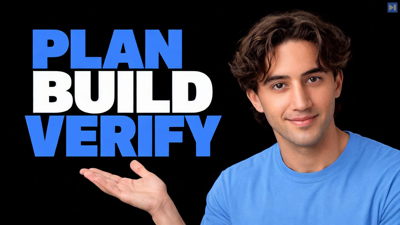 Drake Surach in a blue shirt holds an open palm beside the blue-and-white headline “PLAN BUILD VERIFY” on a black background.