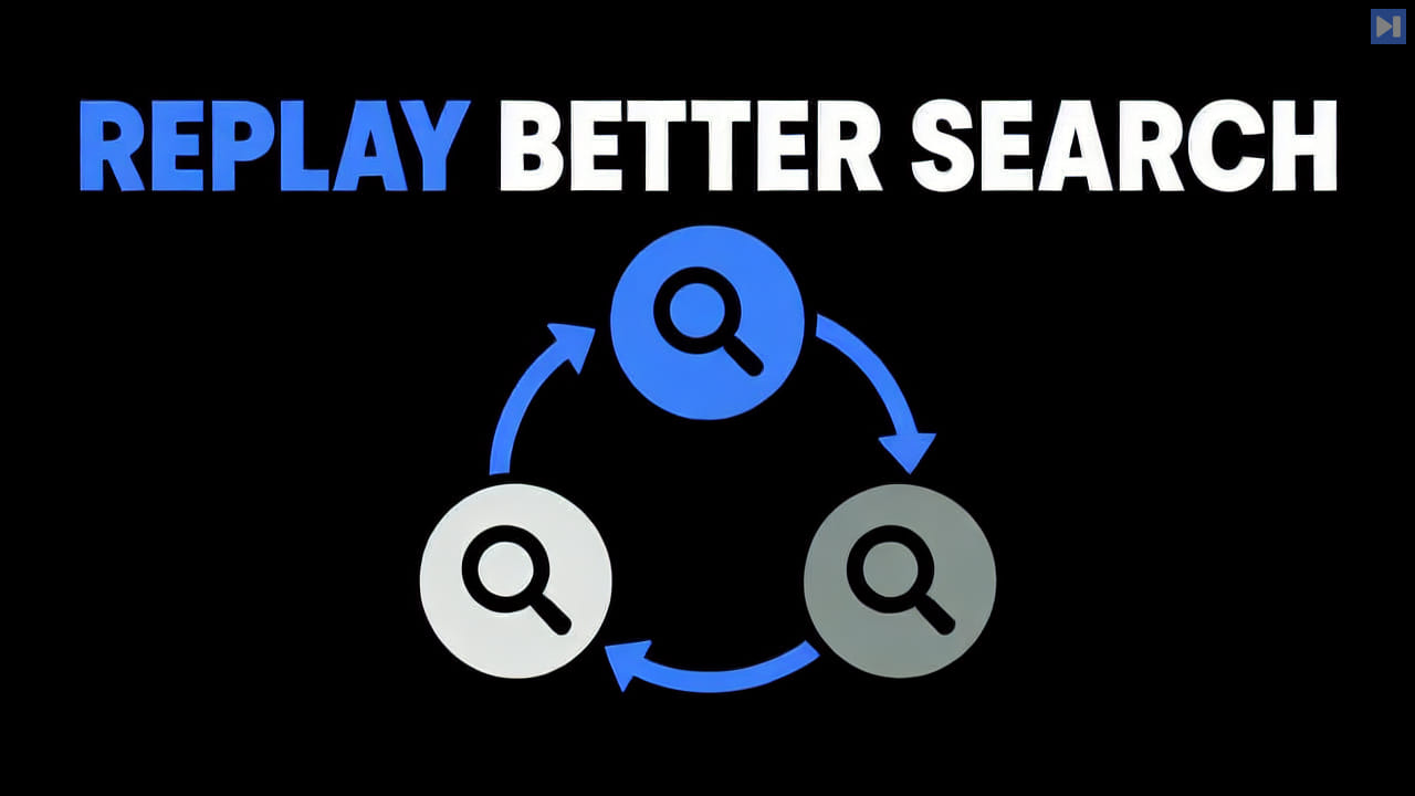 Three flat search icons linked by a replay loop below the blue-and-white headline "REPLAY BETTER SEARCH" on a black background.