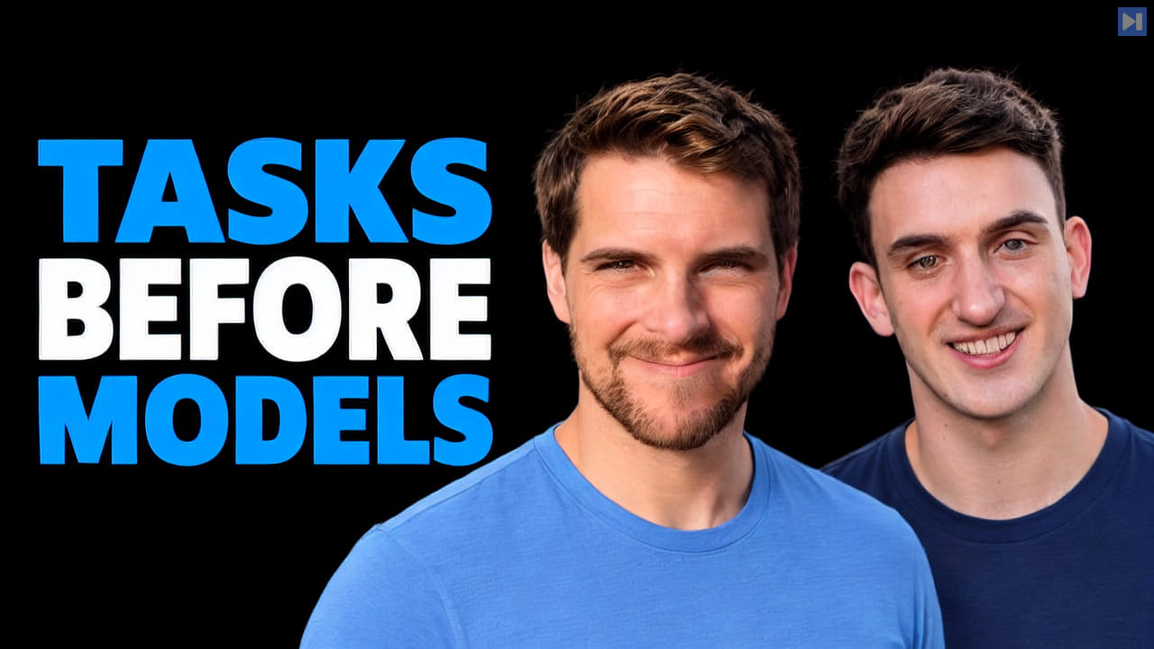 Maxime Rivest and Isaac Miller beside Tasks Before Models in blue and white on a black background.