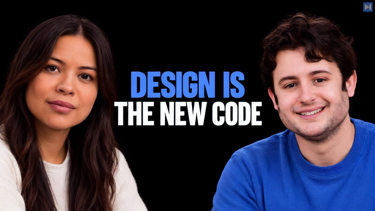 Sophia Dew, Dylan Field beside the blue and white headline “DESIGN IS - THE NEW CODE” on a black background.