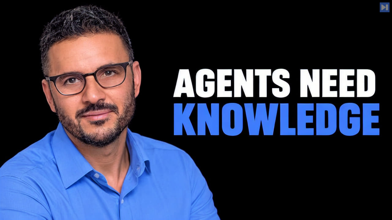 Edo Liberty in a blue shirt beside the white and blue headline “AGENTS NEED KNOWLEDGE” against black.