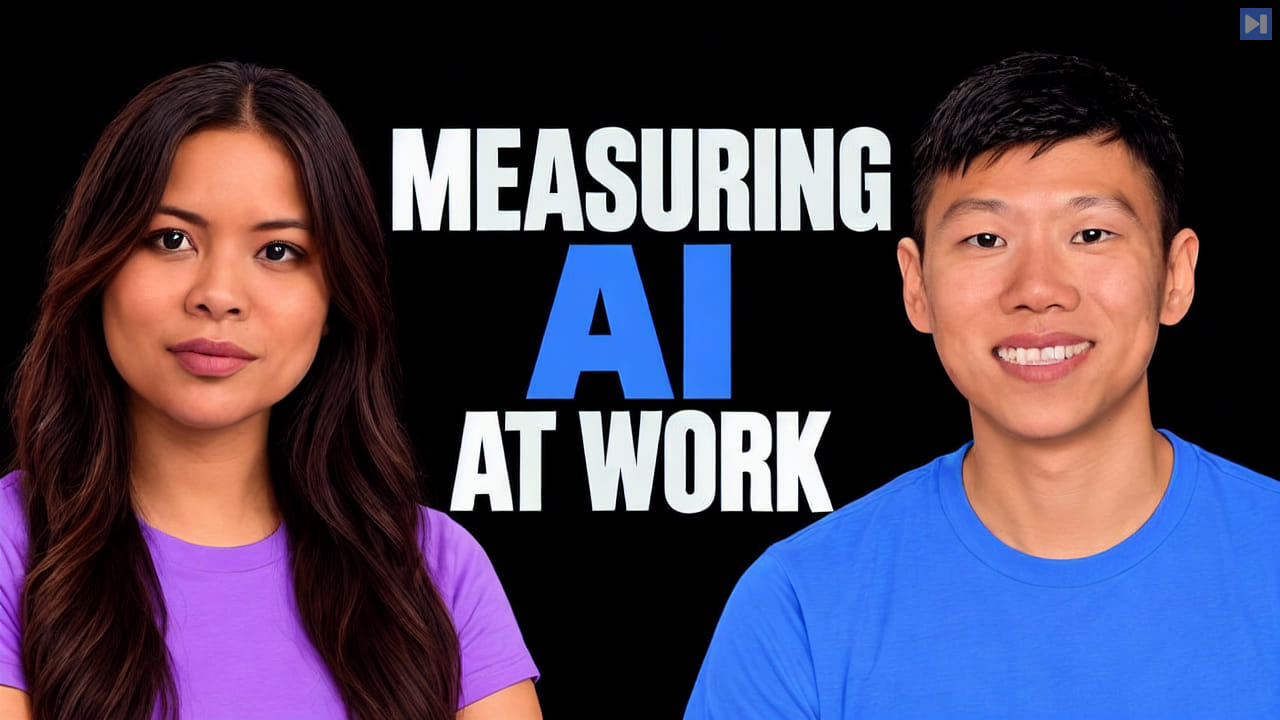 Sophia Dew and Edward Hu beside blue and white text reading Measuring AI at Work.
