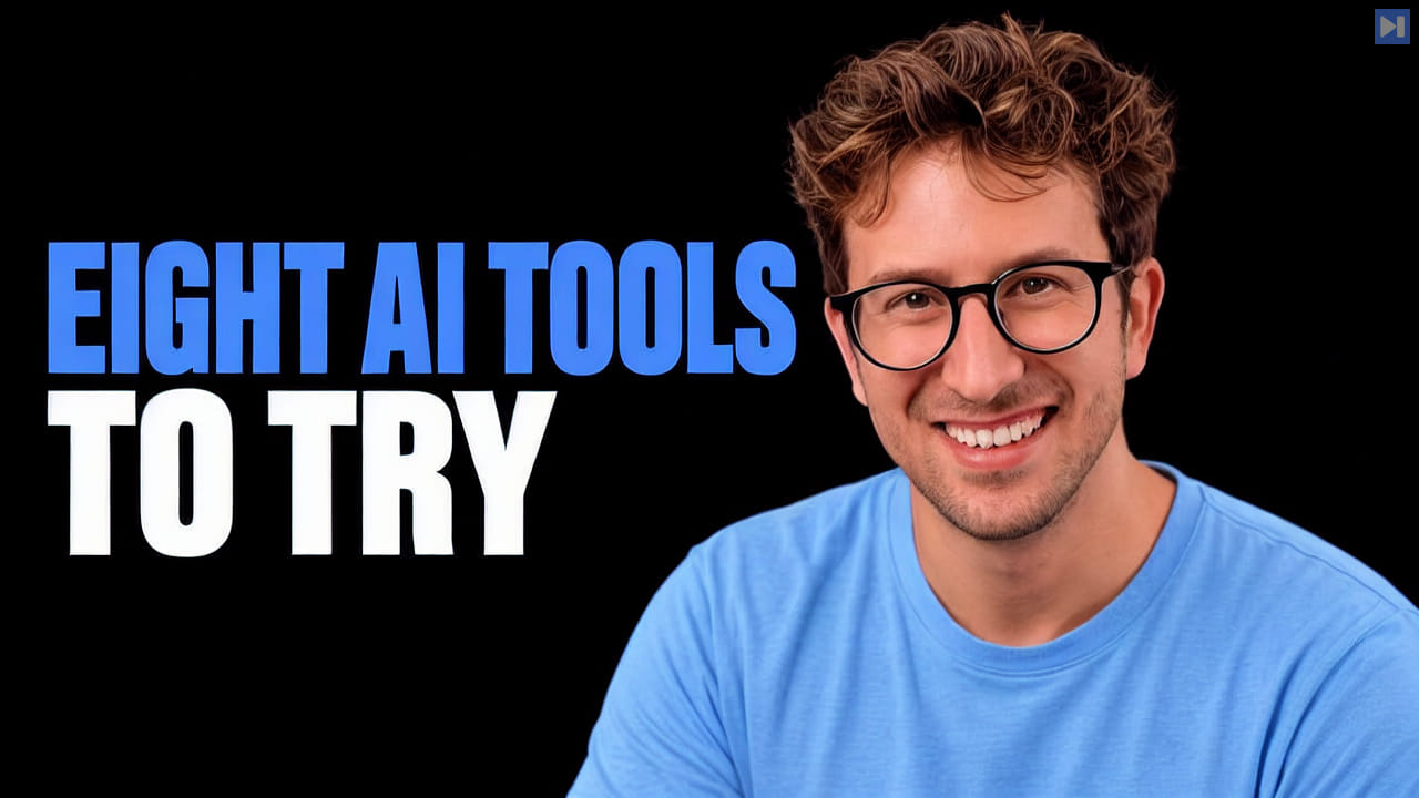 Greg Isenberg smiling in a blue shirt beside the blue and white headline Eight AI Tools to Try on black.