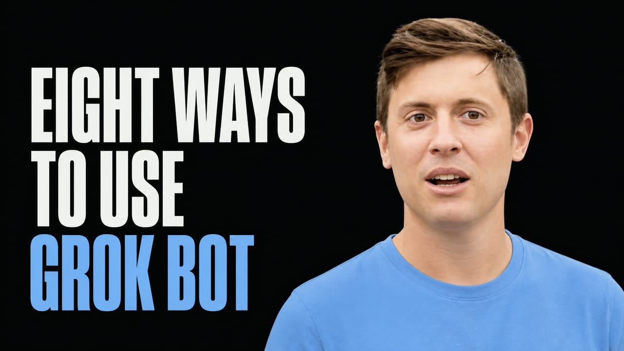 Portrait of Alex Finn beside the words Eight Ways to Use Grok Bot
